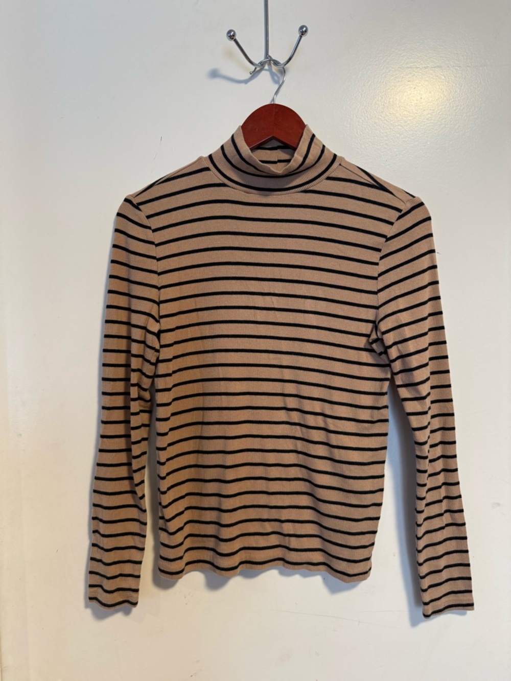 LOFT Striped Turtleneck Long Sleeve Top - Beige & Black